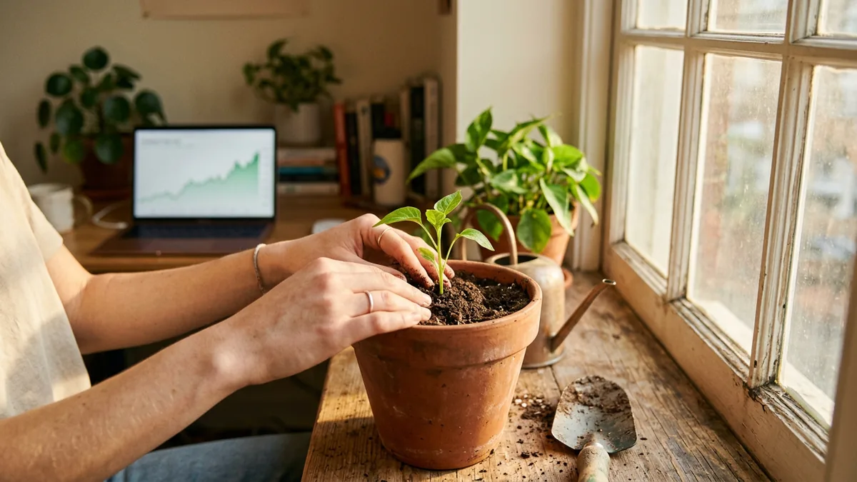 A seedling growing beside a laptop showing a rising chart, symbolising building credit from scratch