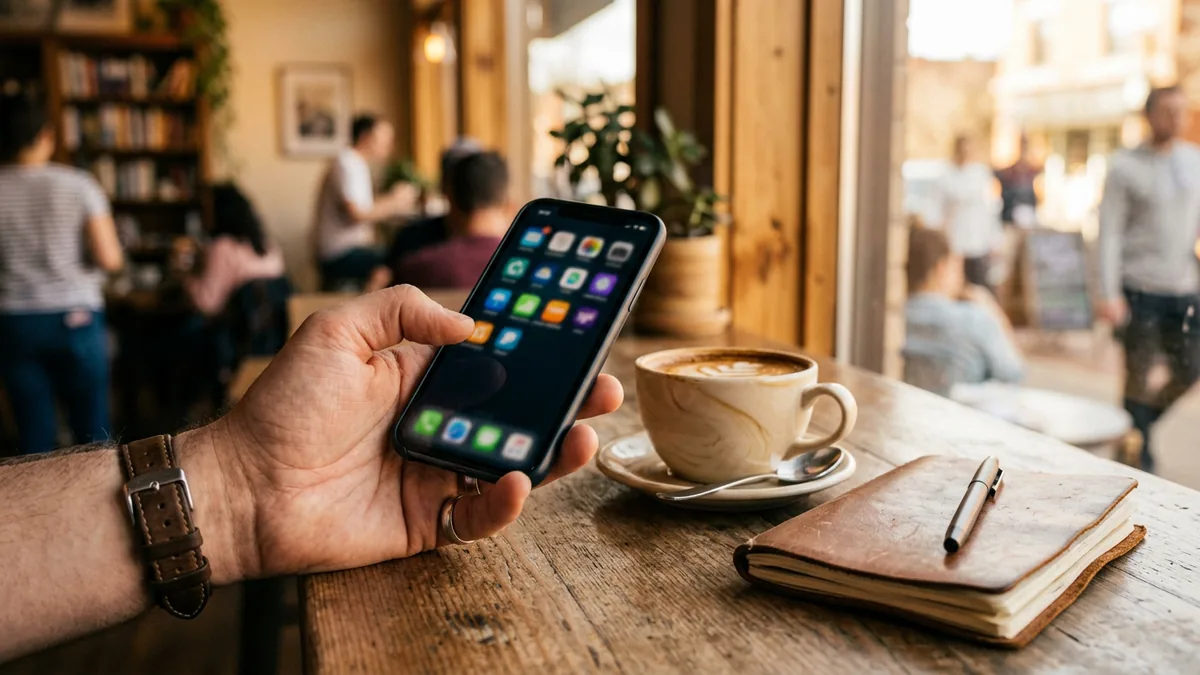A hand holding a phone showing several cash advance apps at a cafe table