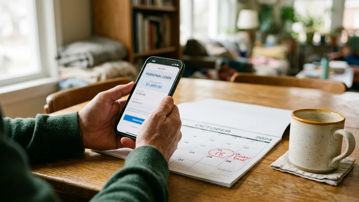 A smartphone showing a loan offer beside a paper calendar with the repayment date circled