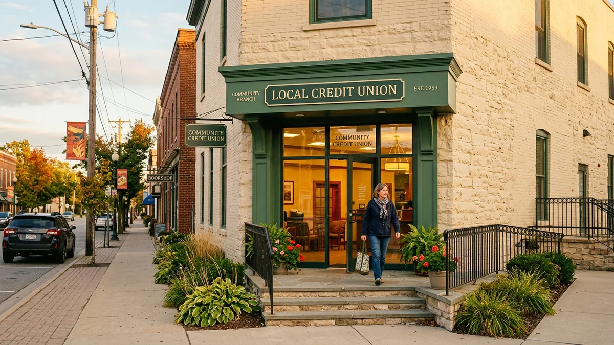 The exterior of a small local credit union branch in late afternoon light