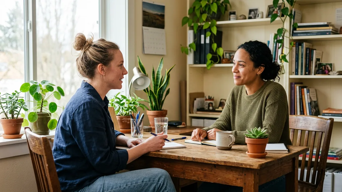 An employee discussing a paycheck advance with a manager across an office desk