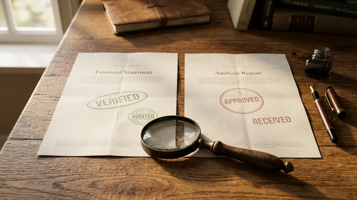Two credit documents side by side, one stamped green and one red, compared with a magnifying glass