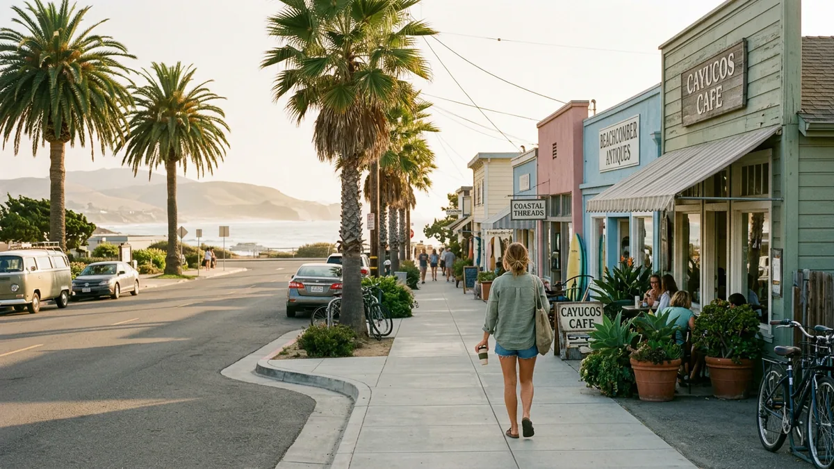 A sunlit small coastal-town street in California lined with palm trees