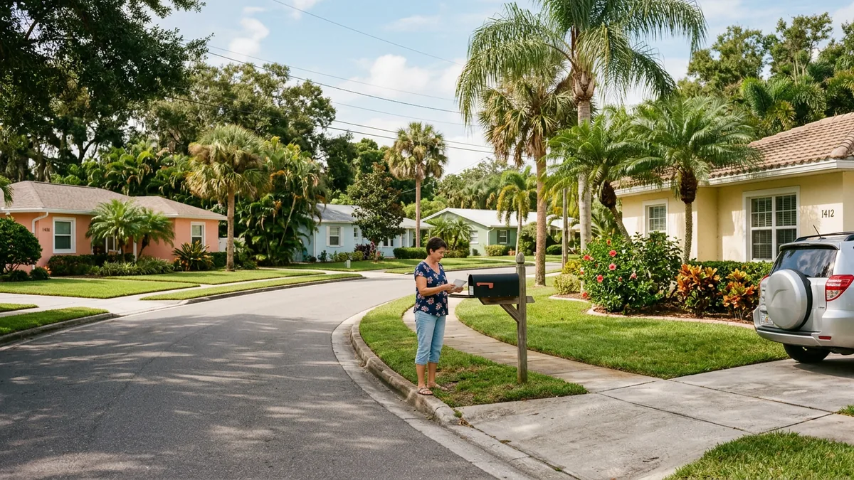 A sunny Florida neighborhood with pastel homes and palm trees