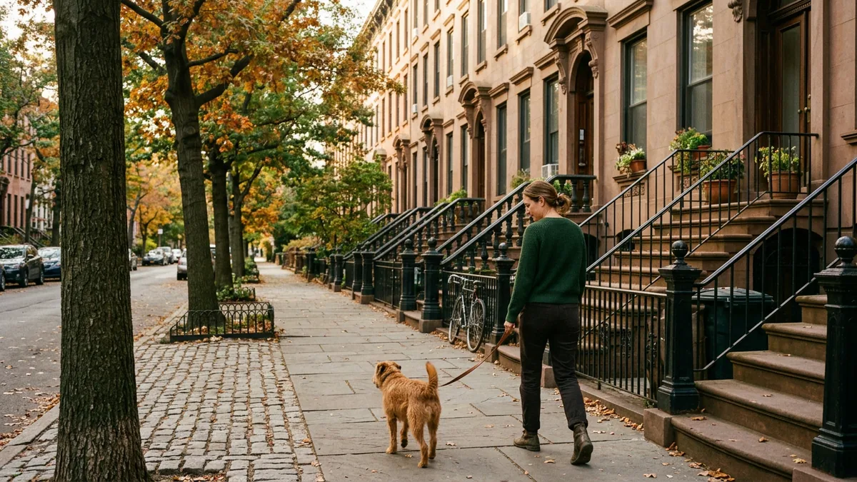 A quiet tree-lined brownstone street in a New York neighborhood