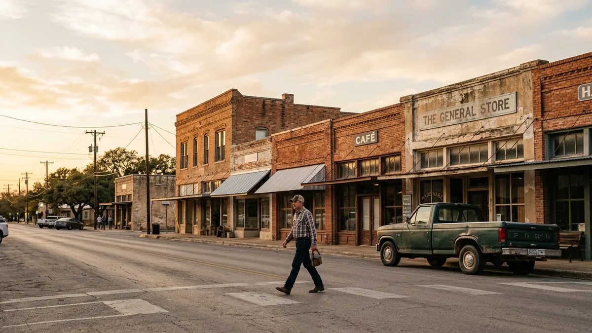 A Texas small-town main street with brick storefronts at golden hour